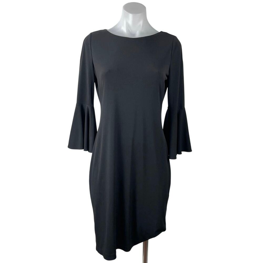 Calvin Klein Black Bell Sleeve Round Neck Stretch Cocktail Mini Sheath Dress L